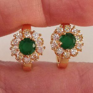 18K Yellow Gold Filled Flower Jade Green Diamond Zircon Hoop Huggie Earrings